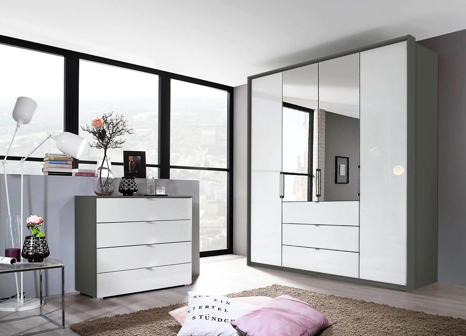 Oakwood Rauch Erimo Style 1 Graphite & White Glass Bi-Folding Doors Combi Wardrobe