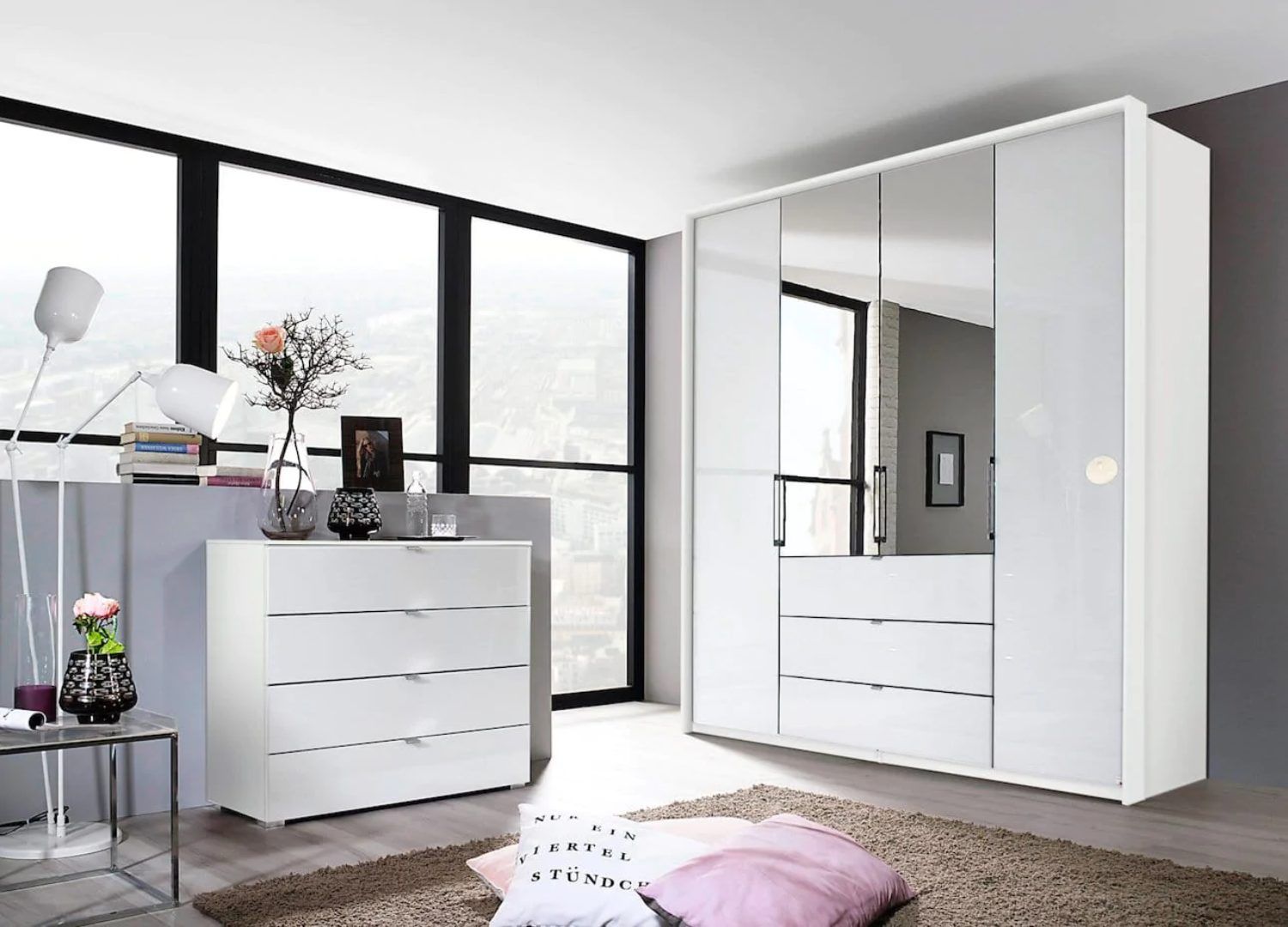 Oakwood Rauch Erimo Style 1 White Glass Bi-folding doors Combi Wardrobe