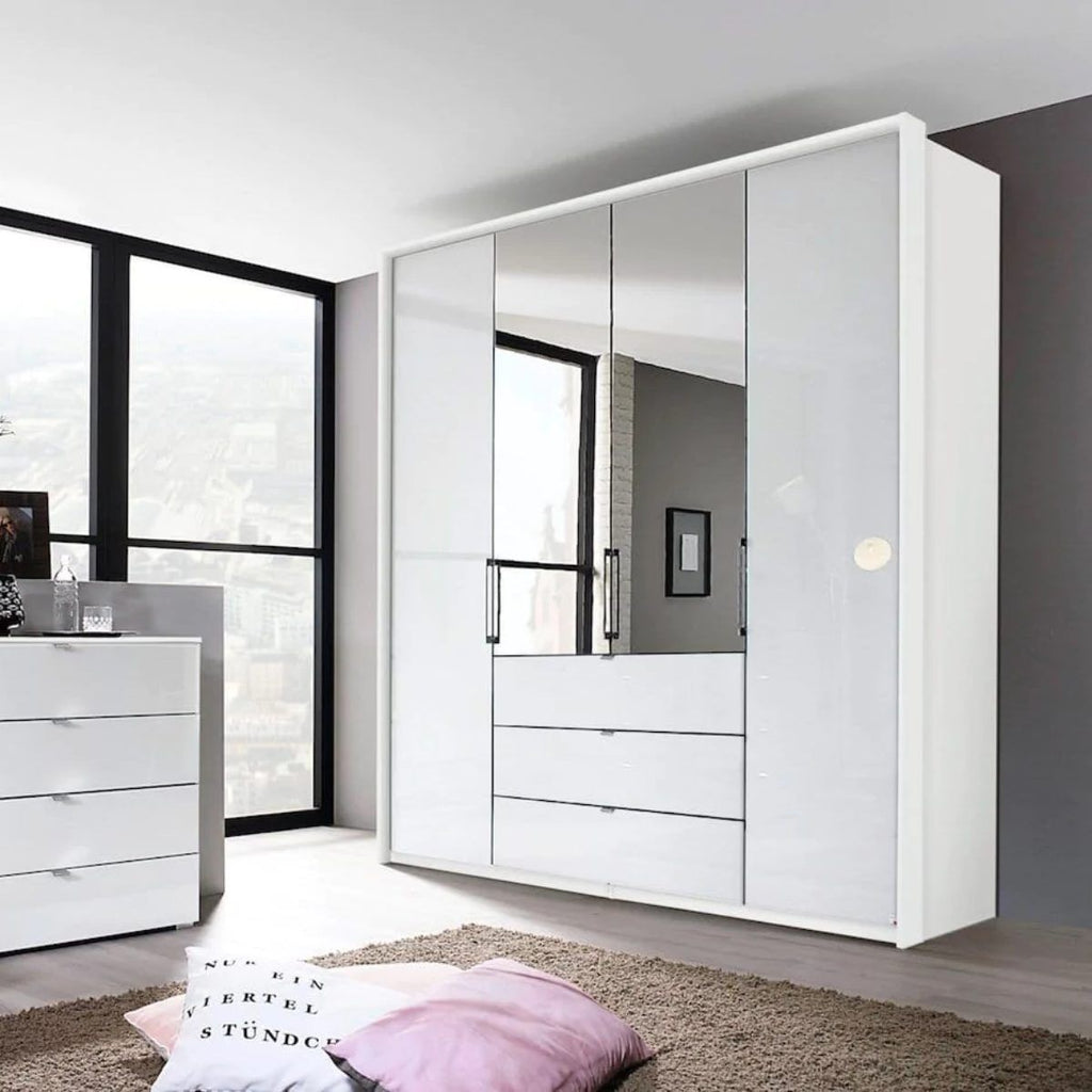 Oakwood Rauch Erimo Style 1 White Glass Bi-folding doors Combi Wardrobe