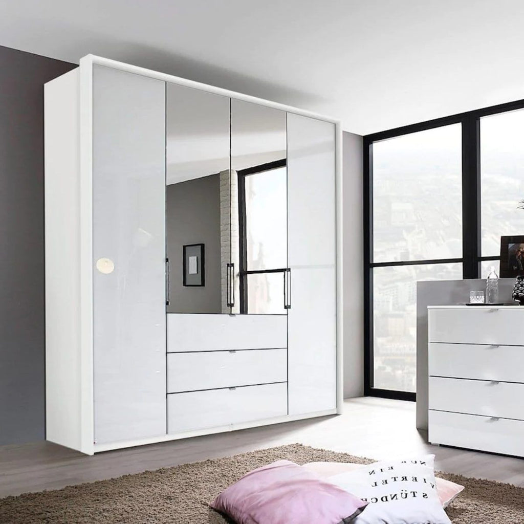 Oakwood Rauch Erimo Style 1 White Glass Bi-folding doors Combi Wardrobe