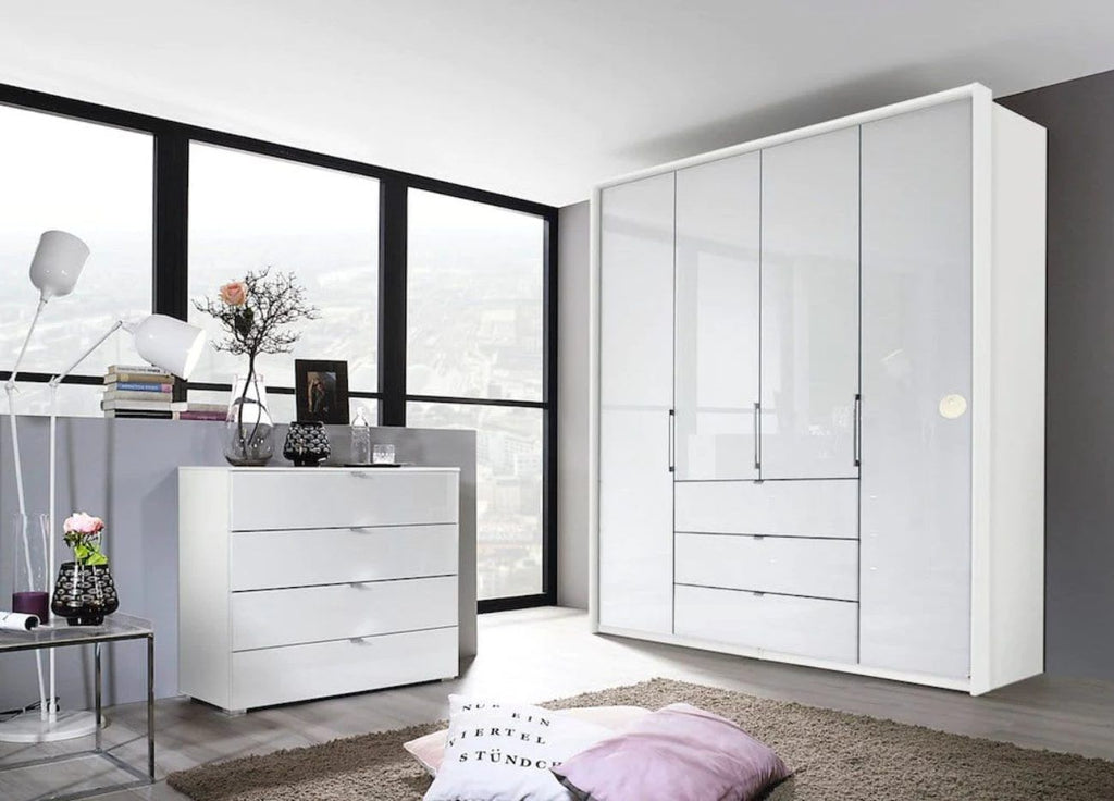 Oakwood Rauch Erimo Style 1 White Glass Bi-folding doors Combi Wardrobe