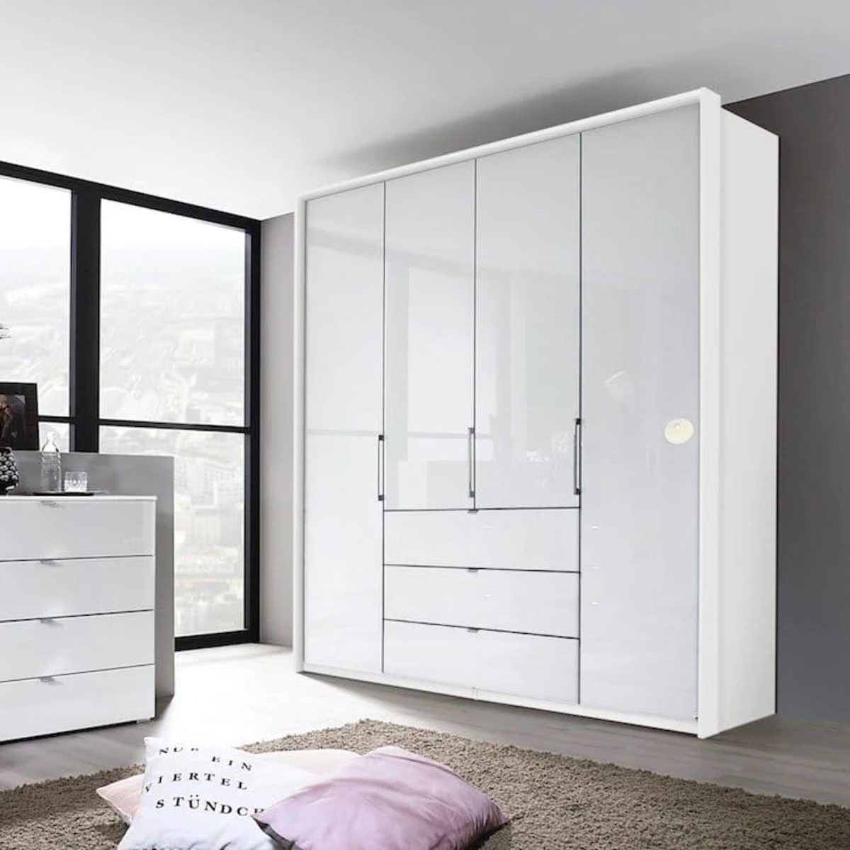 Oakwood Rauch Erimo Style 1 White Glass Bi-folding doors Combi Wardrobe