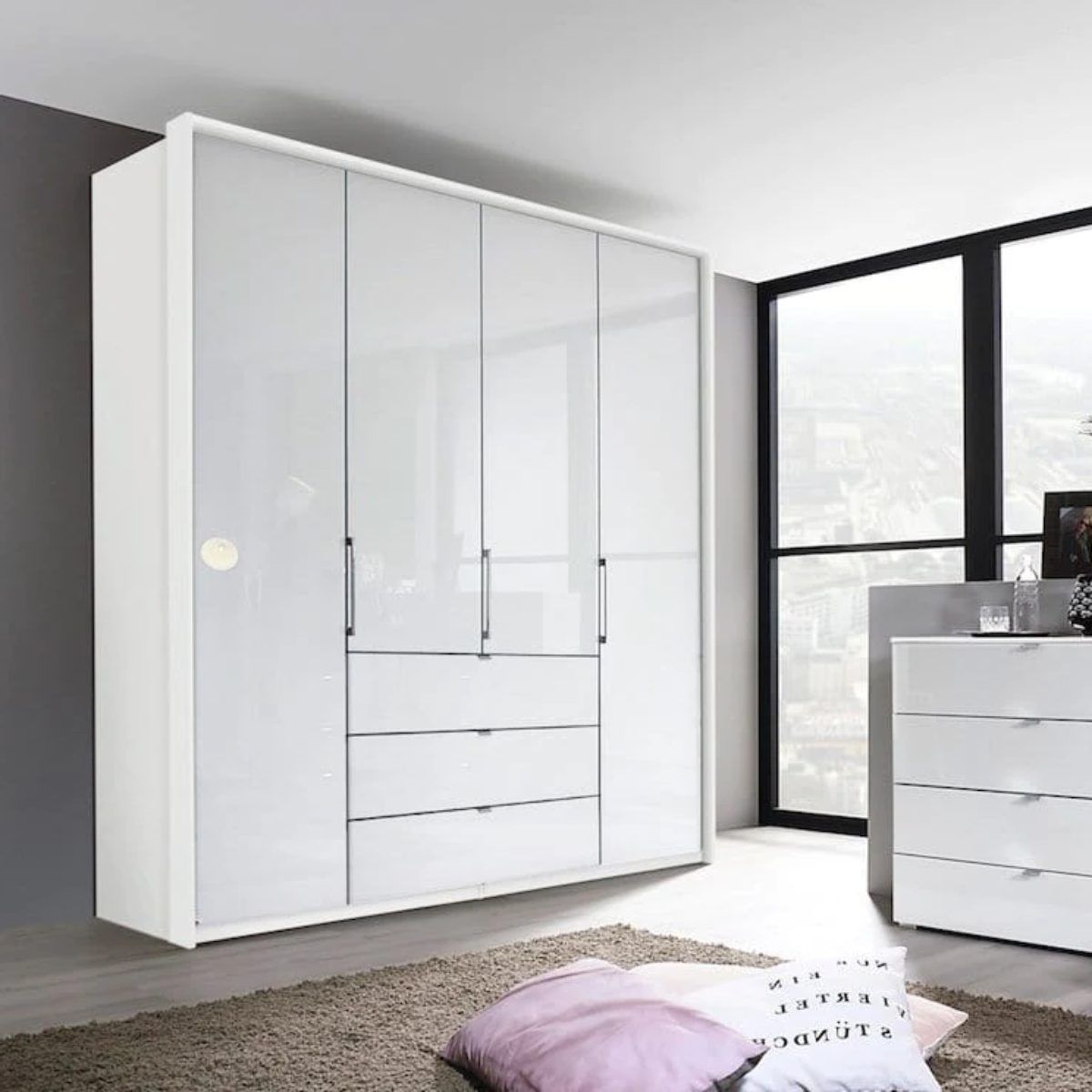 Oakwood Rauch Erimo Style 1 White Glass Bi-folding doors Combi Wardrobe