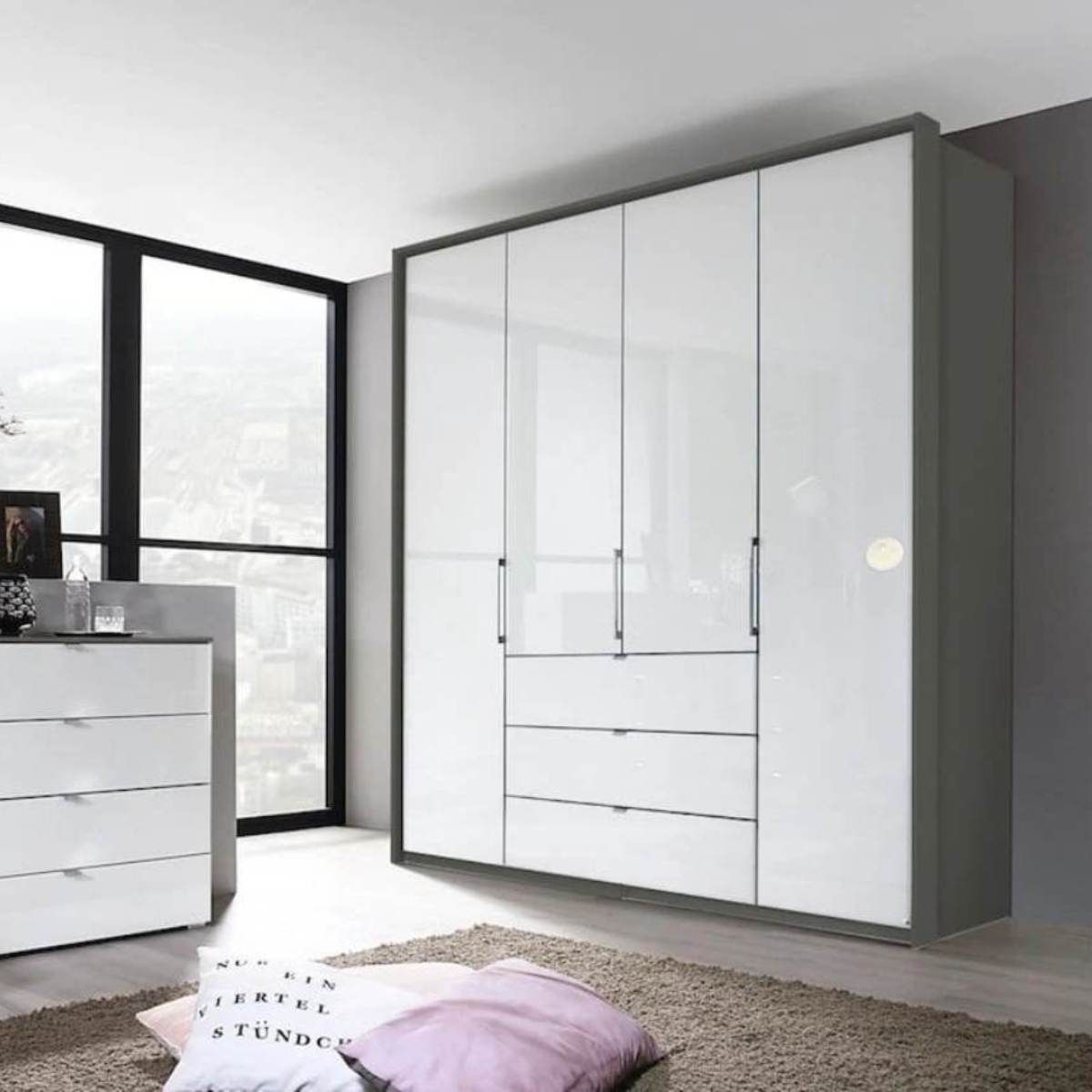 Oakwood Rauch Erimo Style 1 Graphite & White Glass Bi-Folding Doors Combi Wardrobe