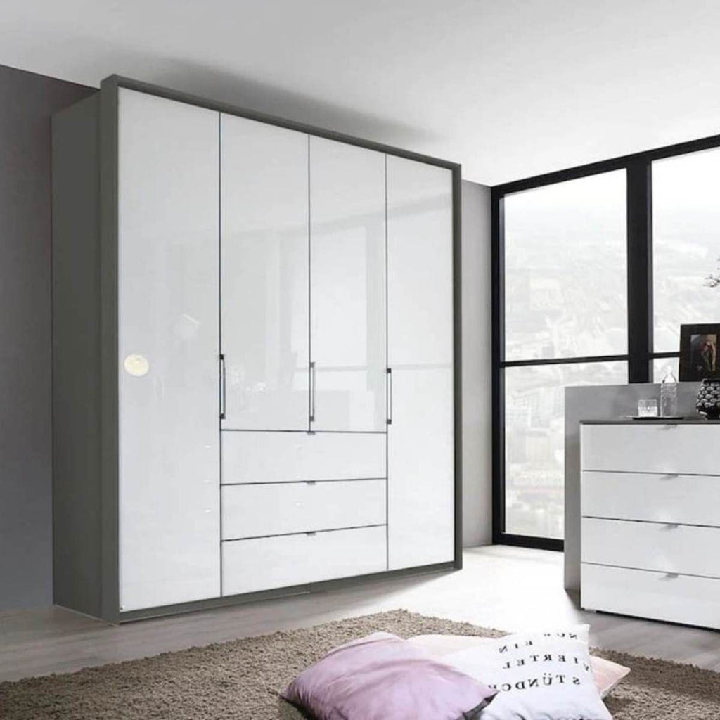 Oakwood Rauch Erimo Style 1 Graphite & White Glass Bi-Folding Doors Combi Wardrobe