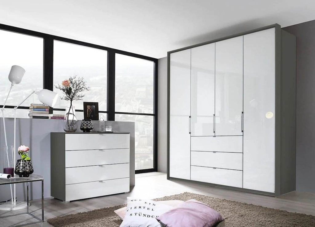 Oakwood Rauch Erimo Style 1 Graphite & White Glass Bi-Folding Doors Combi Wardrobe