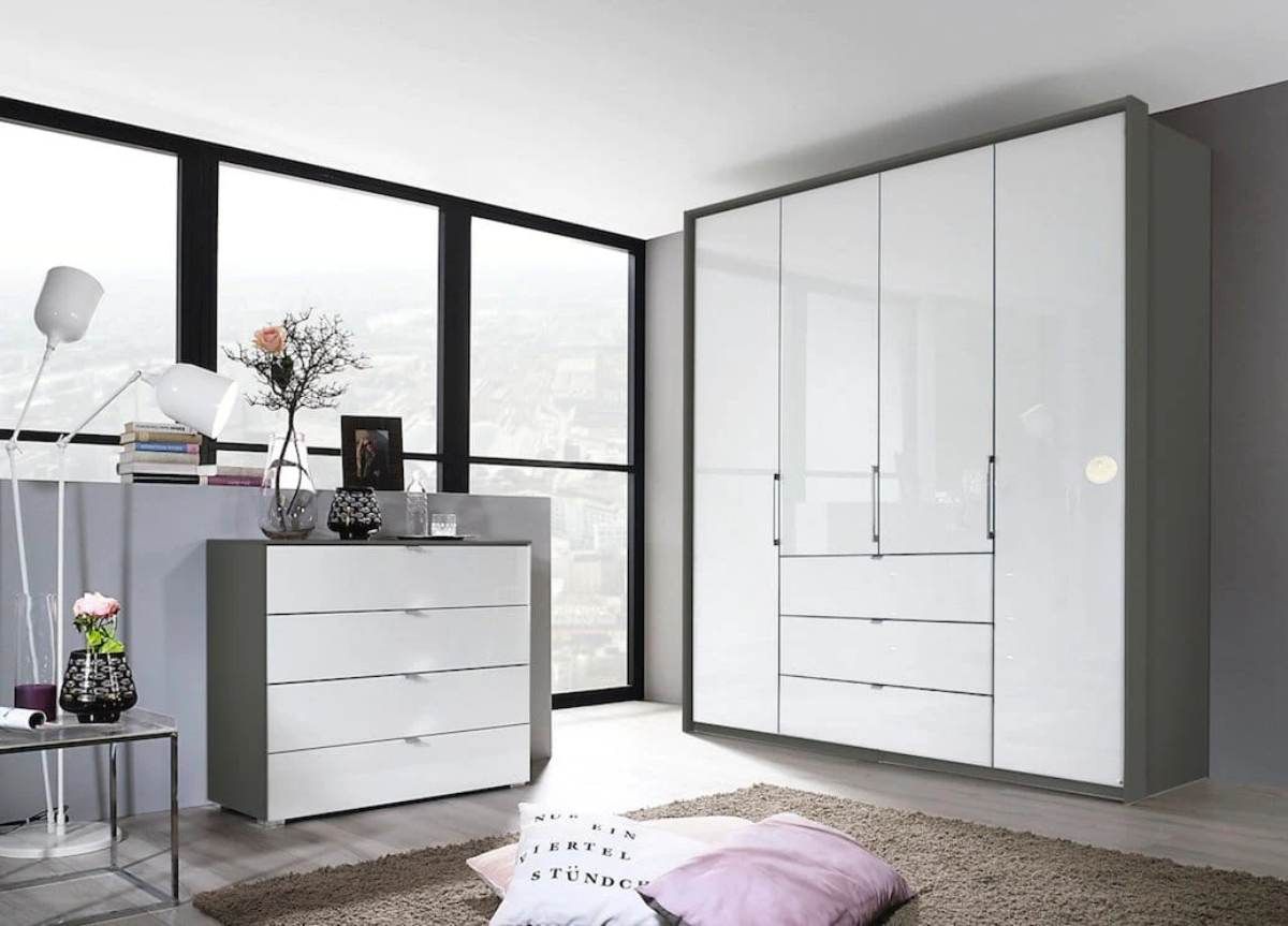 Oakwood Rauch Erimo Style 1 Graphite & White Glass Bi-Folding Doors Combi Wardrobe
