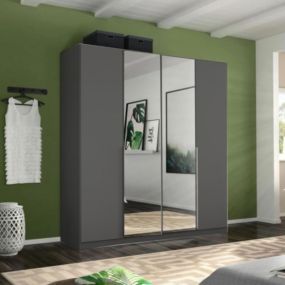 Oakwood Rauch Alabama Metallic Grey With Mirror 4 Door Hinged Wardrobe