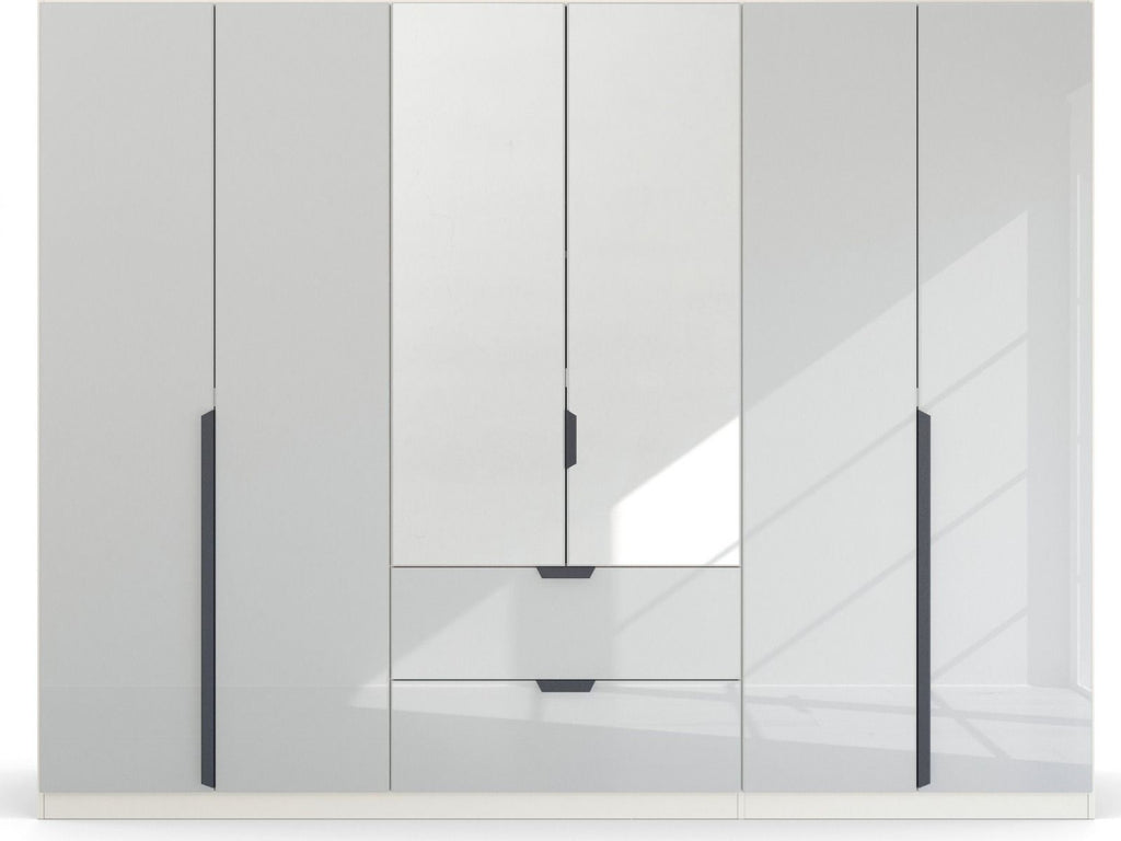Oakwood Rauch White Glass With Mirror Modern Quadra Spin 6 Door Combi 271CM Wardrobe