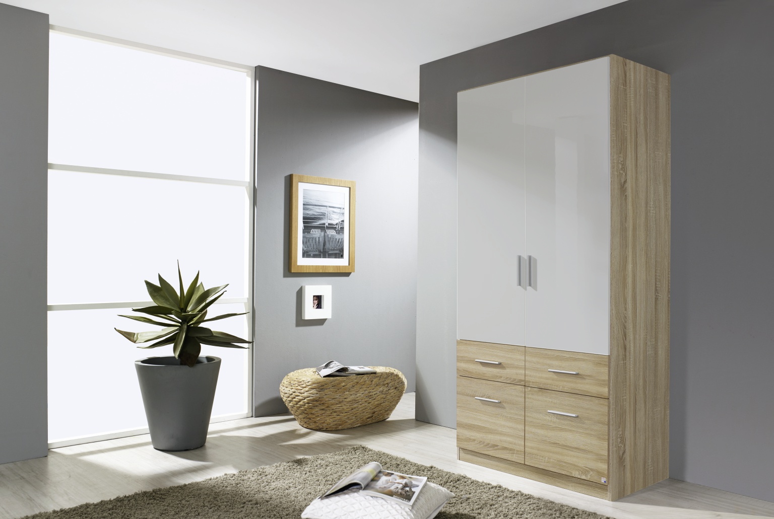 Oakwood Rauch Celle Extra 2 Doors 4 Drawers High Gloss Hinged Wardrobe