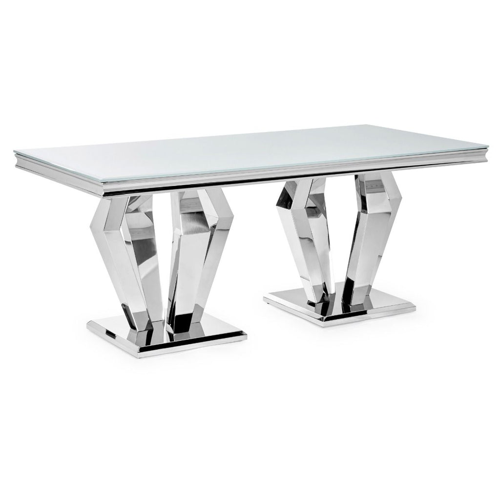 Oakwood Sorrento 1.8m Polished Steel & White Glass Top Dining Table