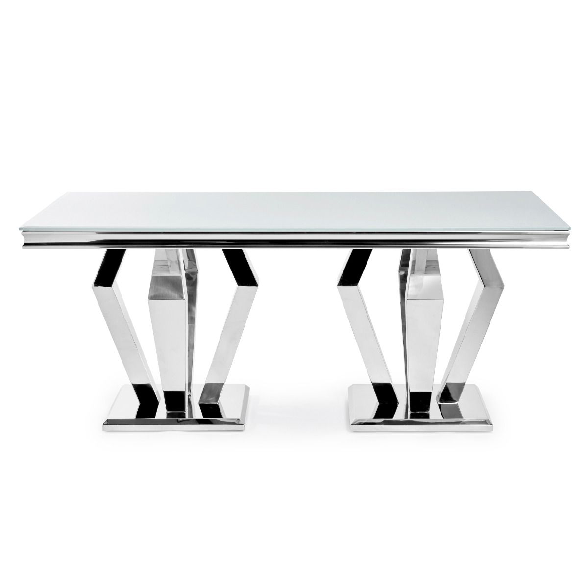 Oakwood Sorrento 1.8m Polished Steel & White Glass Top Dining Table