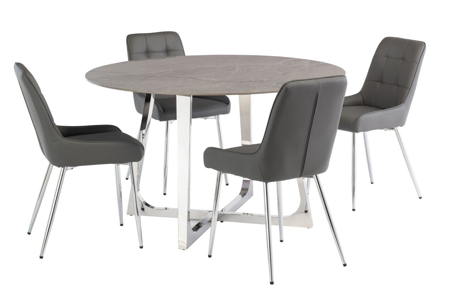Oakwood Tesana Round Grey Stone Top Dining Table with Arch PU Dining Chairs