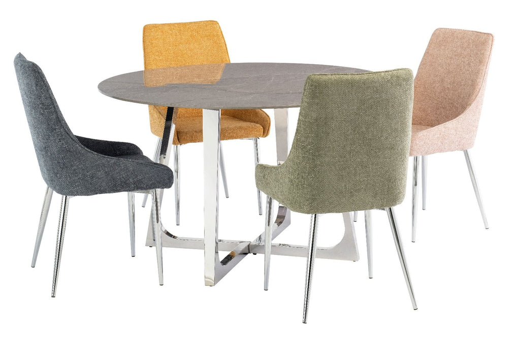 Oakwood Tesana Round Dining Table with Ronie Fabric Dining Chairs