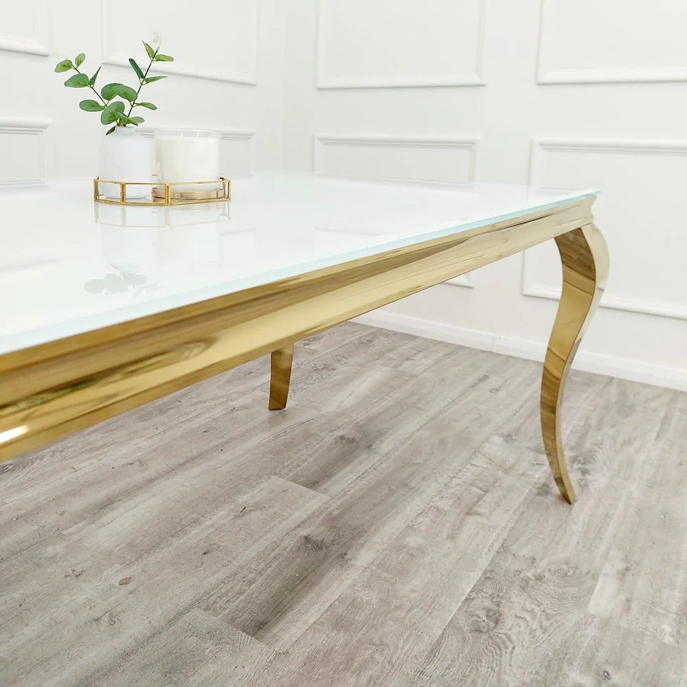 Oakwood Louis 1.8m Gold Dining Table Set with White Glass Top