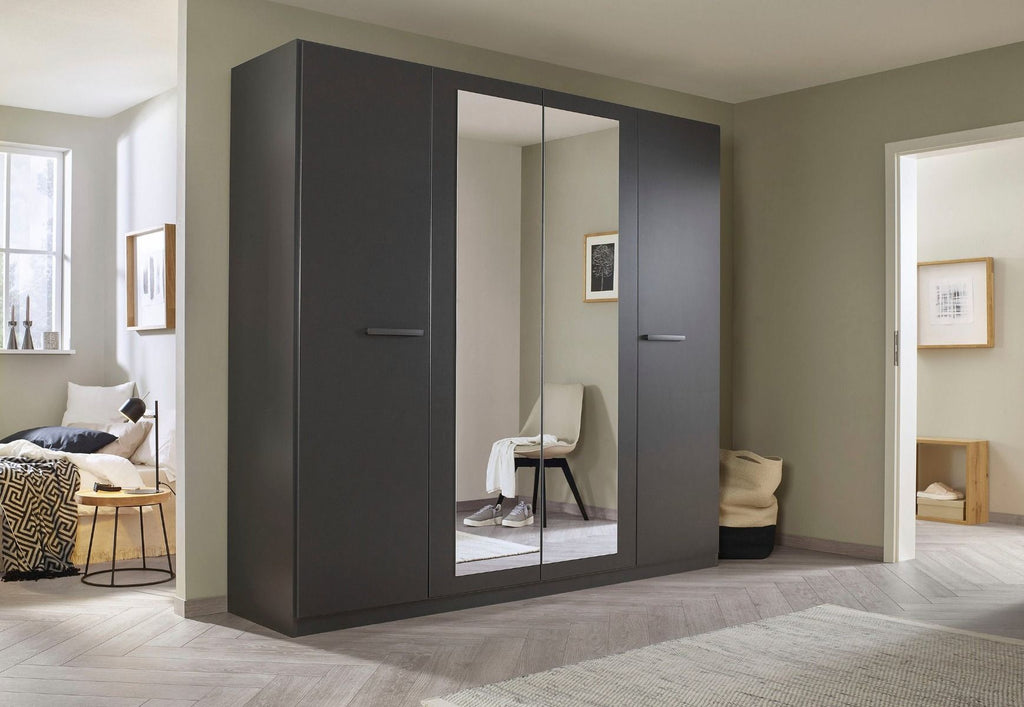 Oakwood Rauch Modi Metallic Grey and Mirror Front 4 Door Hinged Wardrobe