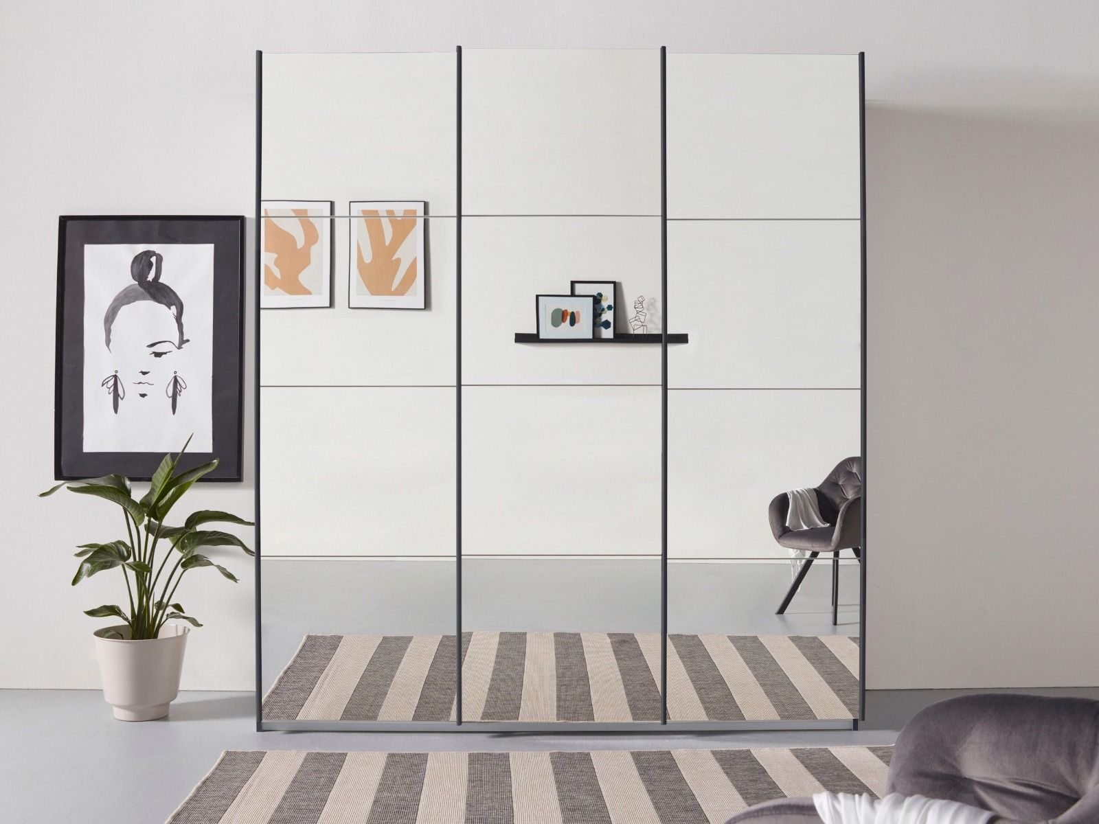 Oakwood Rauch Oracle Metallic Grey 3 Door Full Mirror Sliding Wardrobe 203CM