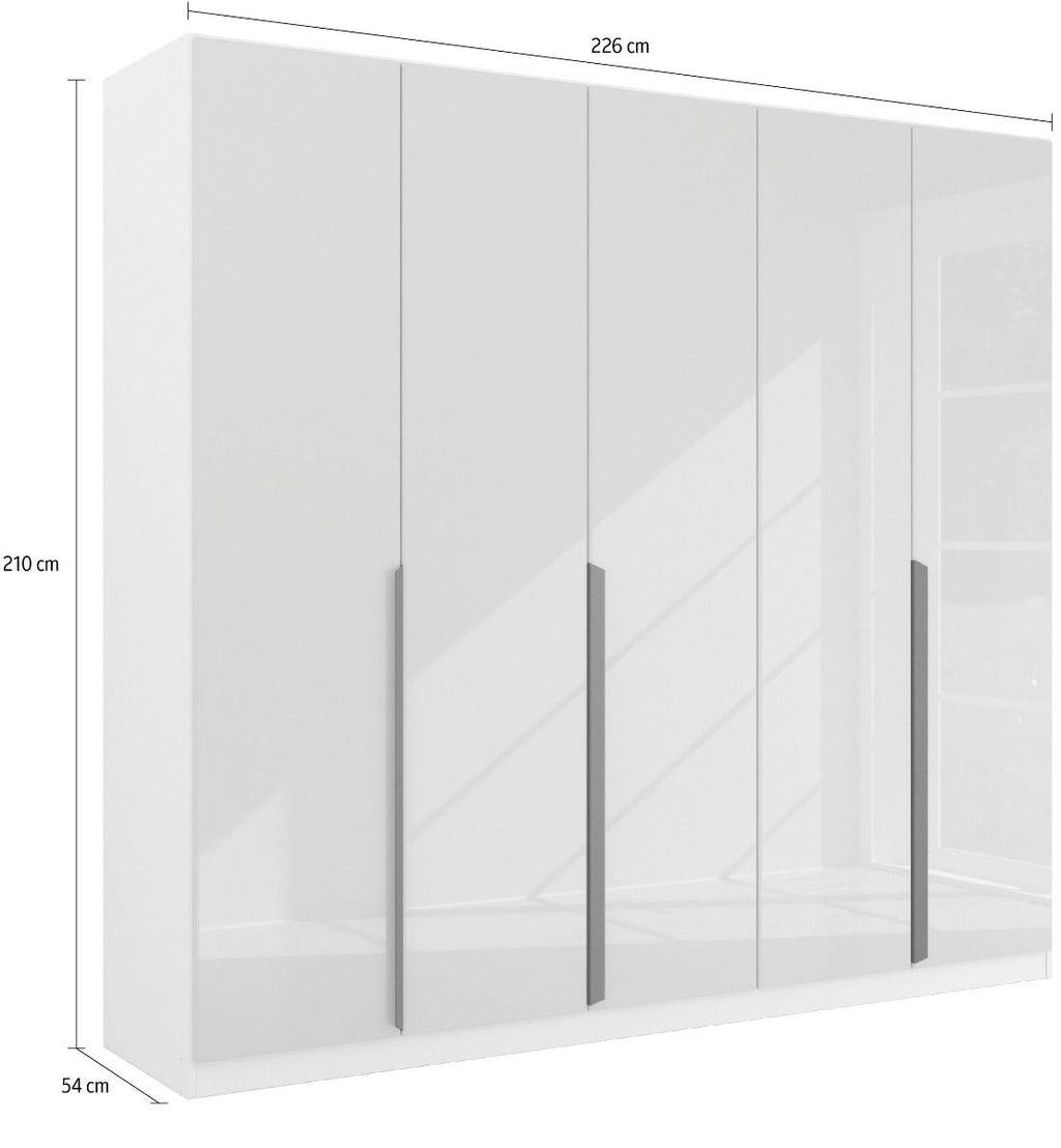 Oakwood Rauch White Glass With Mirror Modern Quadra Spin 5 Door Hinged 226CM Wardrobe