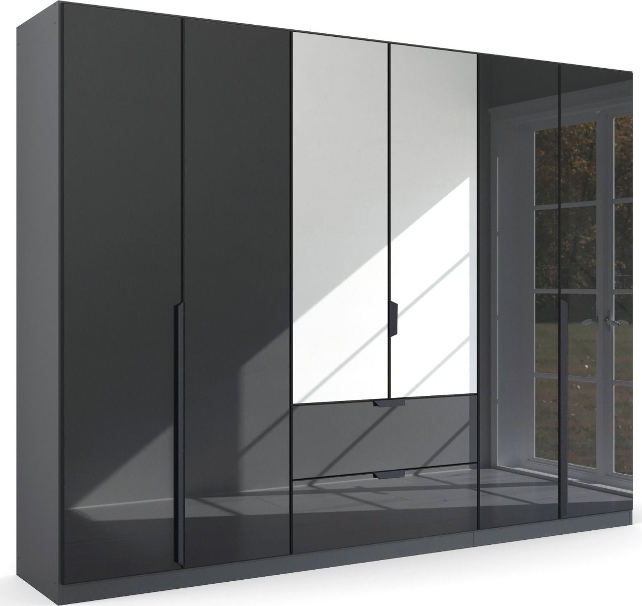 Oakwood Rauch Basalt Glass With Mirror Modern Quadra Spin 6 Door Combi 271CM Wardrobe