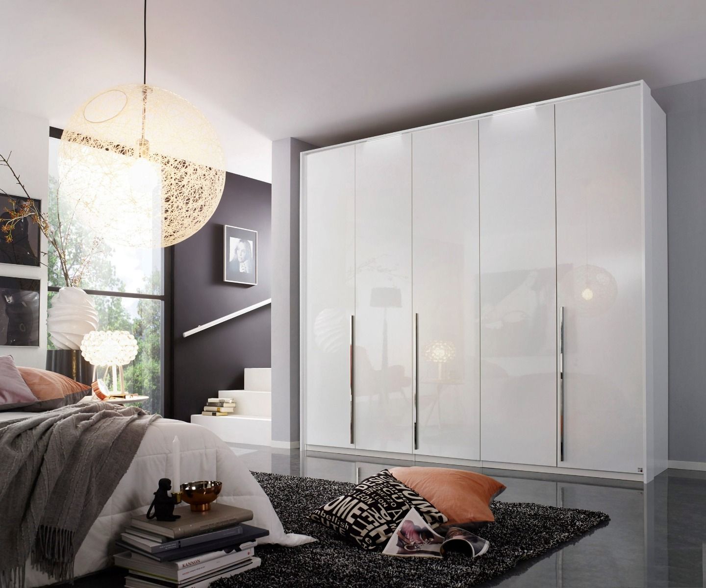 Oakwood Rauch Montclar 5 Door Hinged High Gloss White Wardrobe with Premium Interior