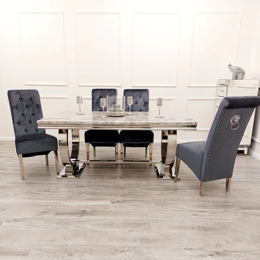 Oakwood Arianna 1.8m Grey Marble Top Dining Table With 6 Emma Shimmer Chairs