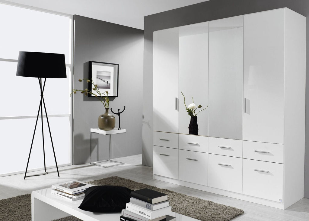 Oakwood Rauch Celle High Gloss White 4 Door Hinged Combi Wardrobe