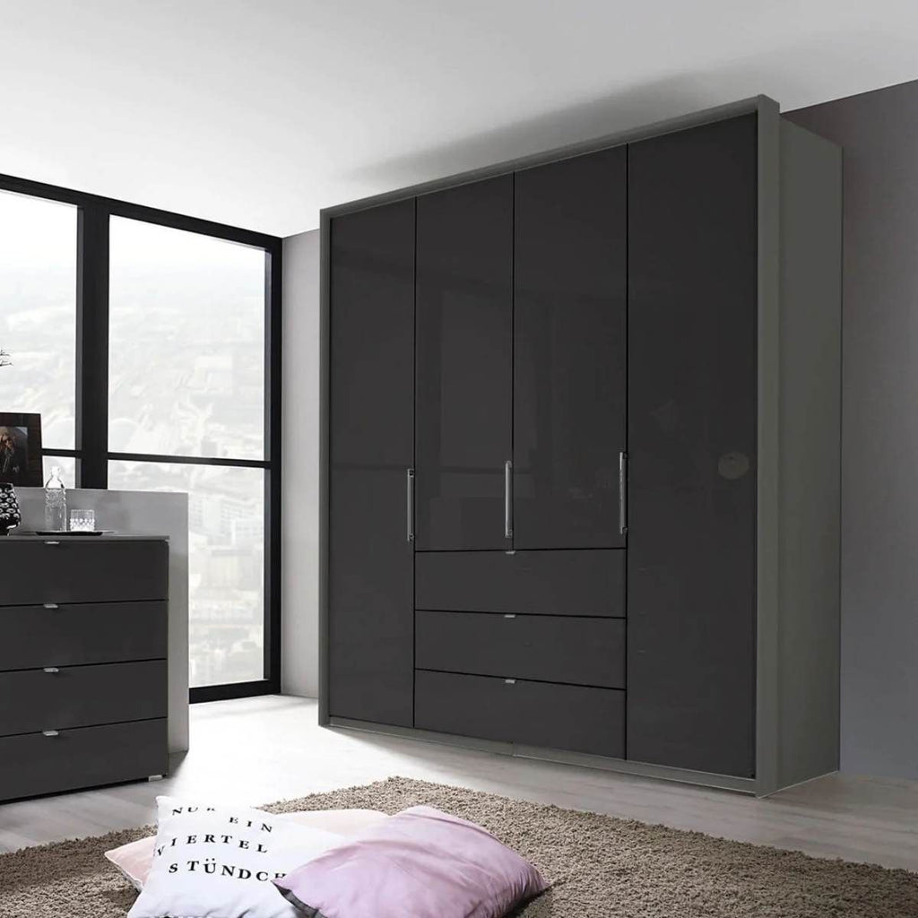 Oakwood Rauch Erimo Graphite & Basalt Glass Combi German Wardrobe - Style 1