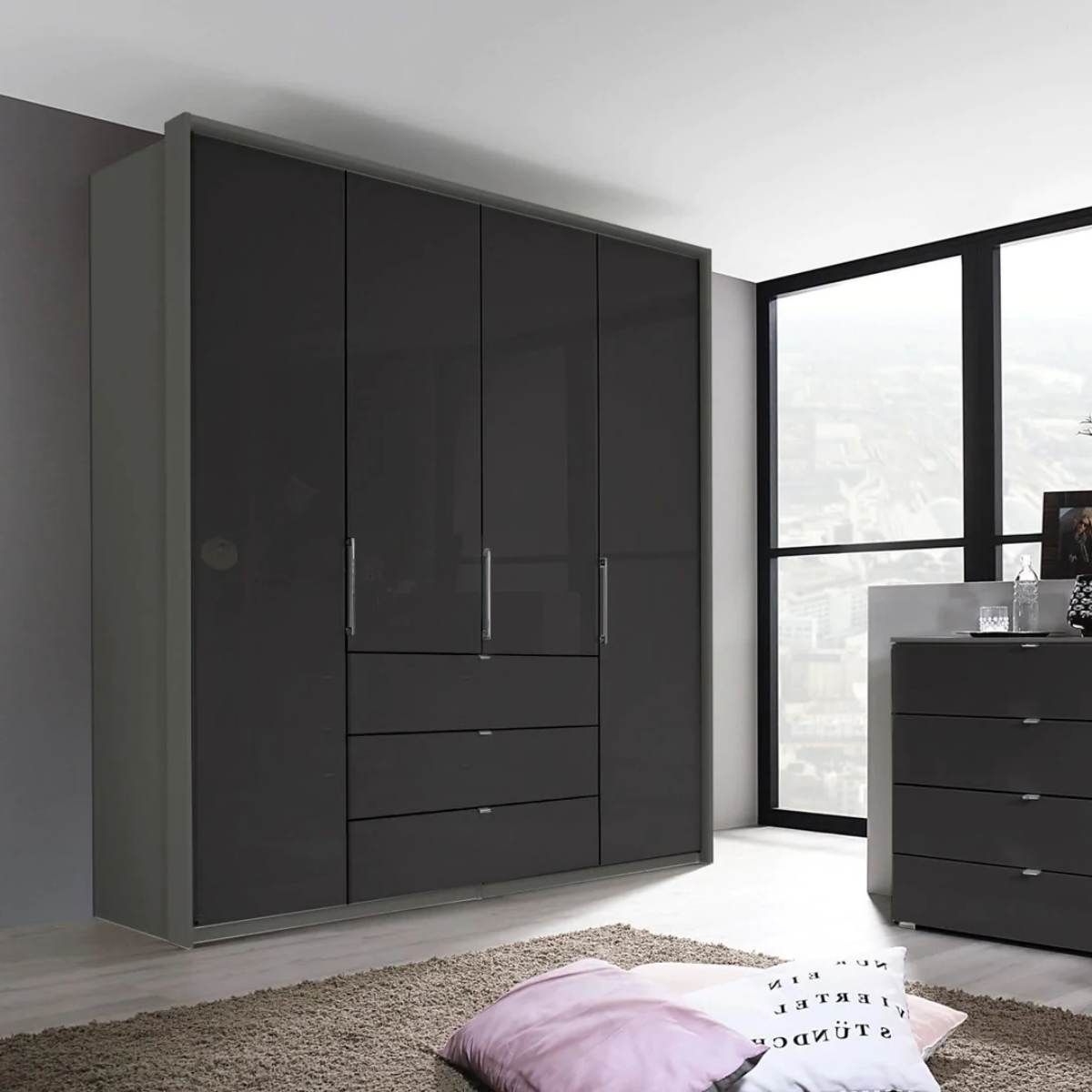 Oakwood Rauch Erimo Graphite & Basalt Glass Combi German Wardrobe - Style 1