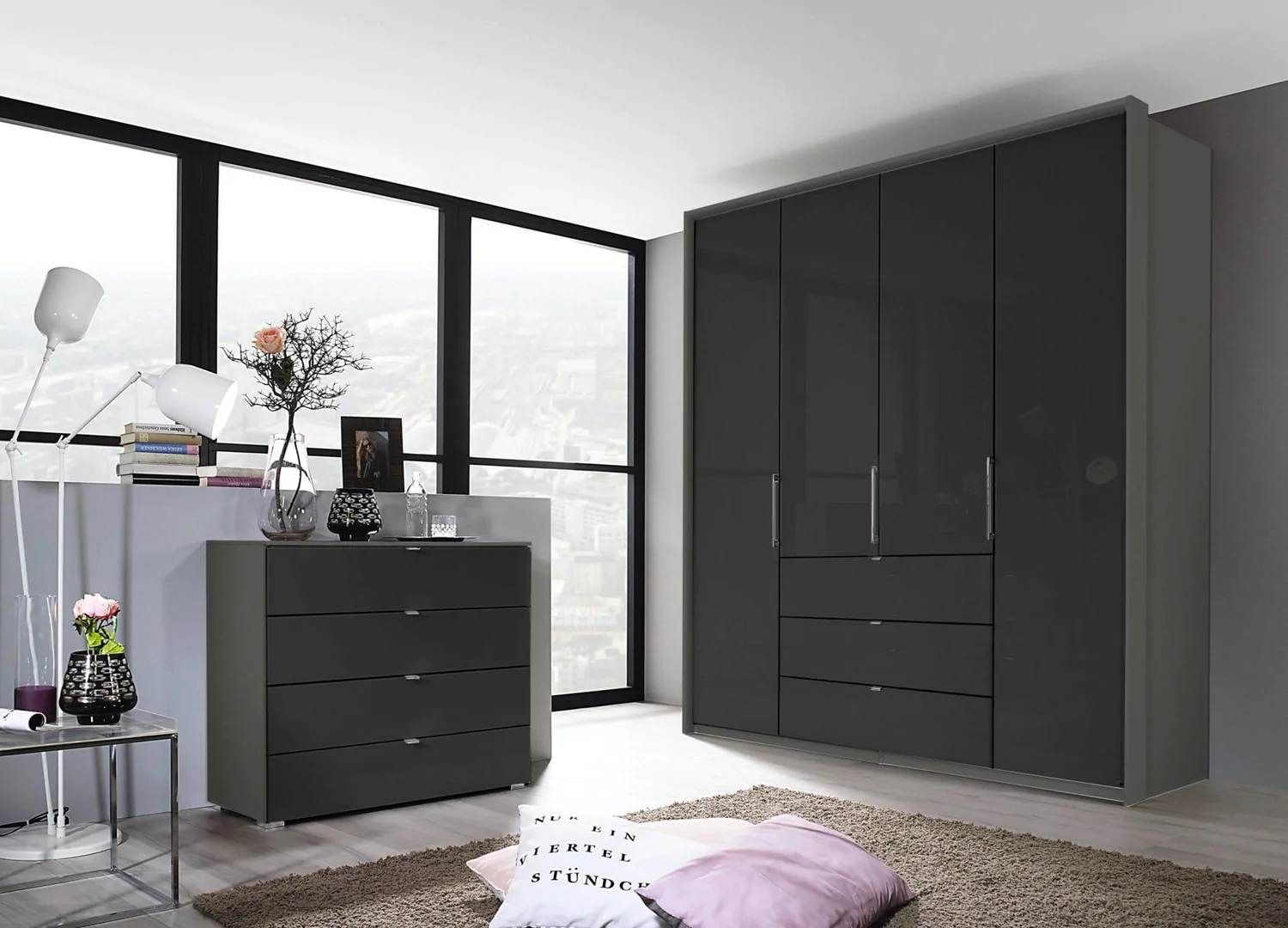 Oakwood Rauch Erimo Graphite & Basalt Glass Combi German Wardrobe - Style 1