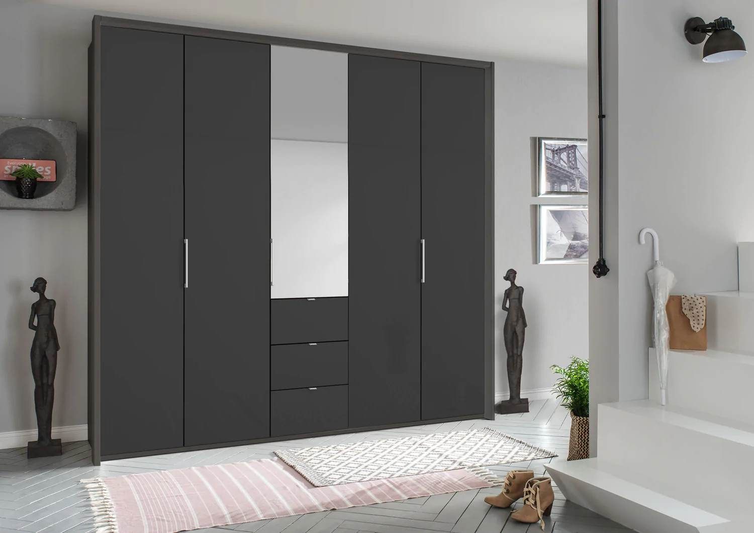 Oakwood Rauch Erimo Style1 Basalt Glass Bi-folding 5 doors Combi Wardrobe W254CM