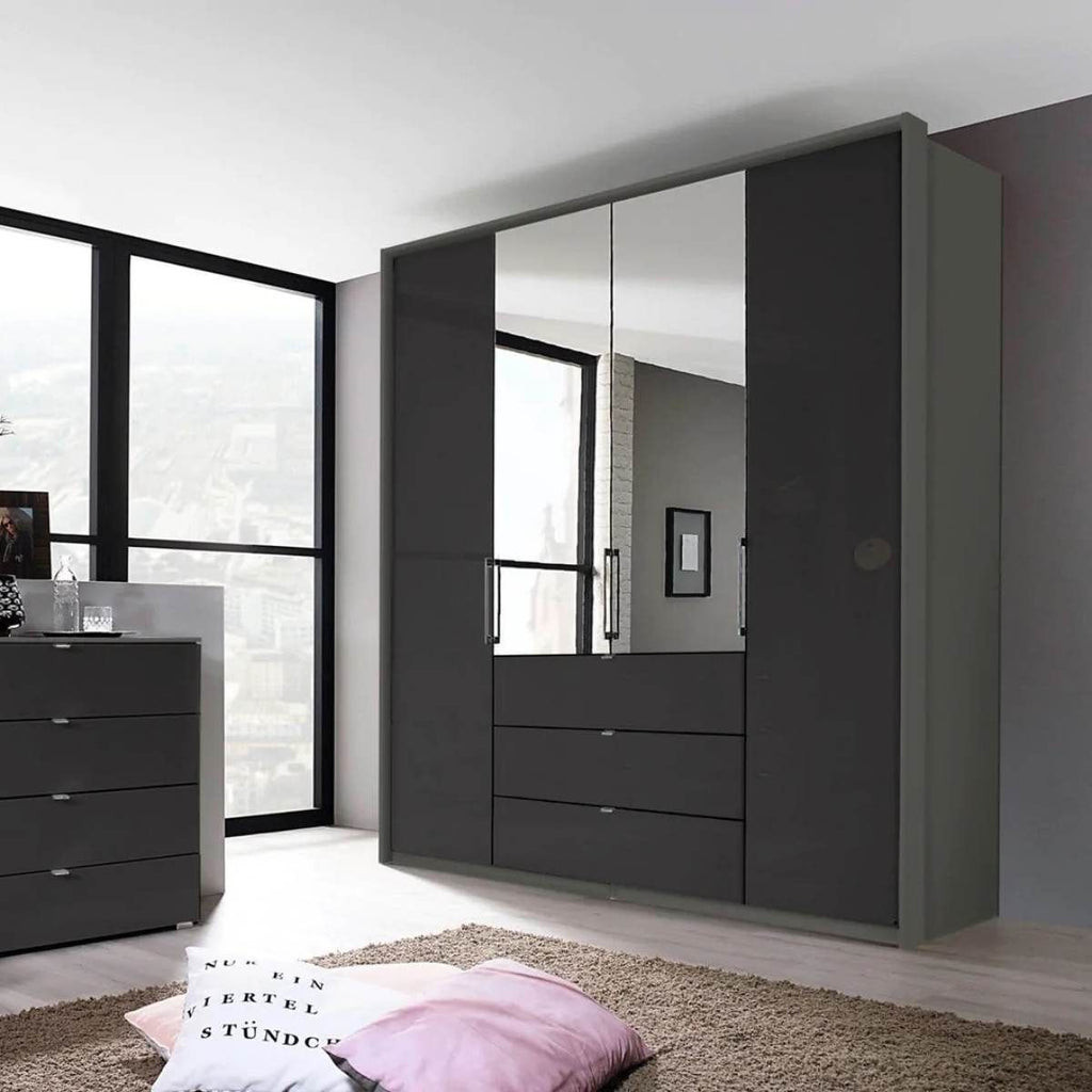 Oakwood Rauch Erimo Graphite & Basalt Glass Combi German Wardrobe - Style 1