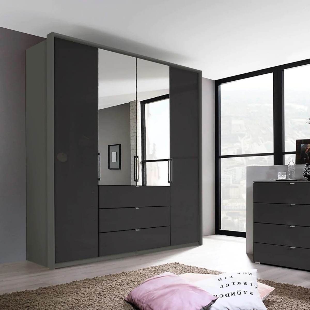 Oakwood Rauch Erimo Graphite & Basalt Glass Combi German Wardrobe - Style 1