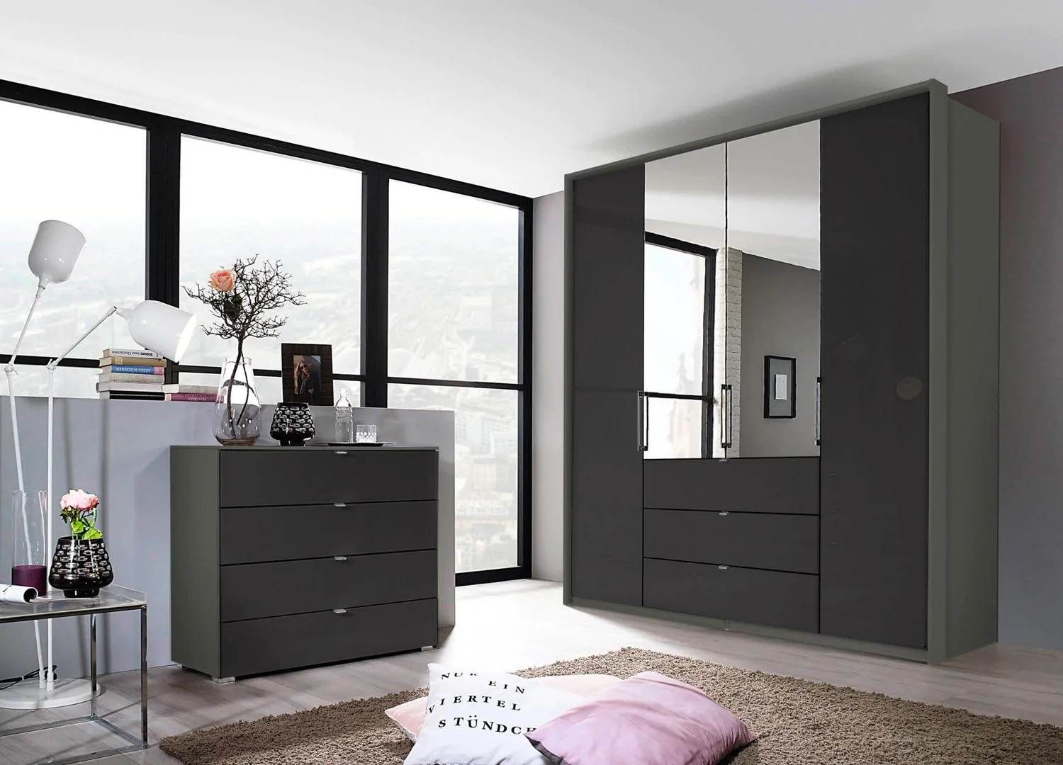 Oakwood Rauch Erimo Graphite & Basalt Glass Combi German Wardrobe - Style 1