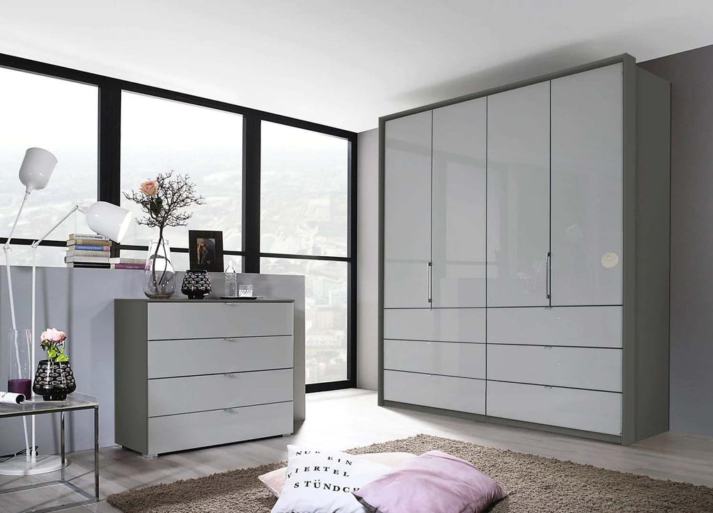 Oakwood Rauch Erimo Style3 Silk Grey Glass Bi-folding doors Combi Wardrobe 204CM Tall