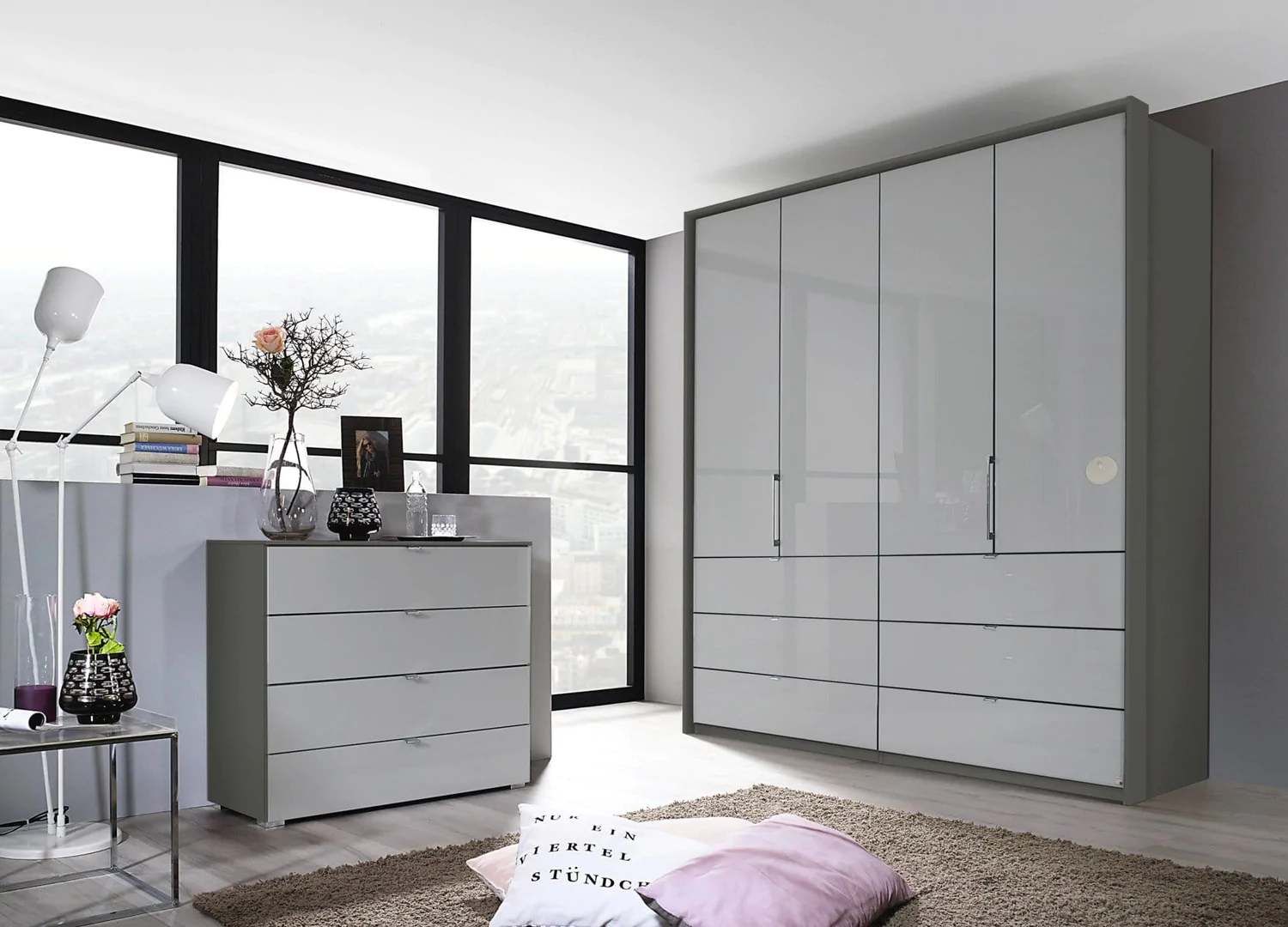 Oakwood Rauch Erimo Style3 Silk Grey Glass Bi-folding doors Combi Wardrobe 204CM Tall