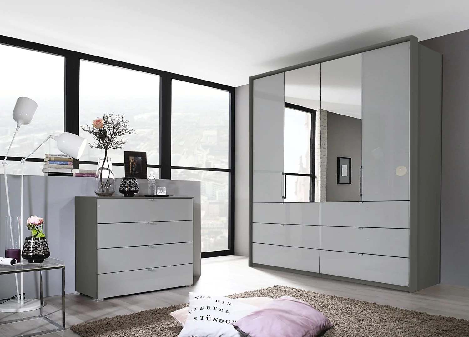 Oakwood Rauch Erimo Style3 Silk Grey Glass Bi-folding doors Combi Wardrobe 204CM Tall
