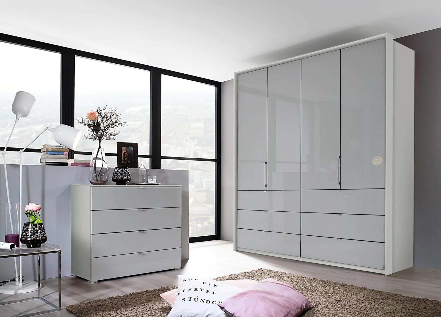 Oakwood Rauch Erimo Style3 Silk Grey Glass Bi-folding doors Combi Wardrobe 204CM Tall