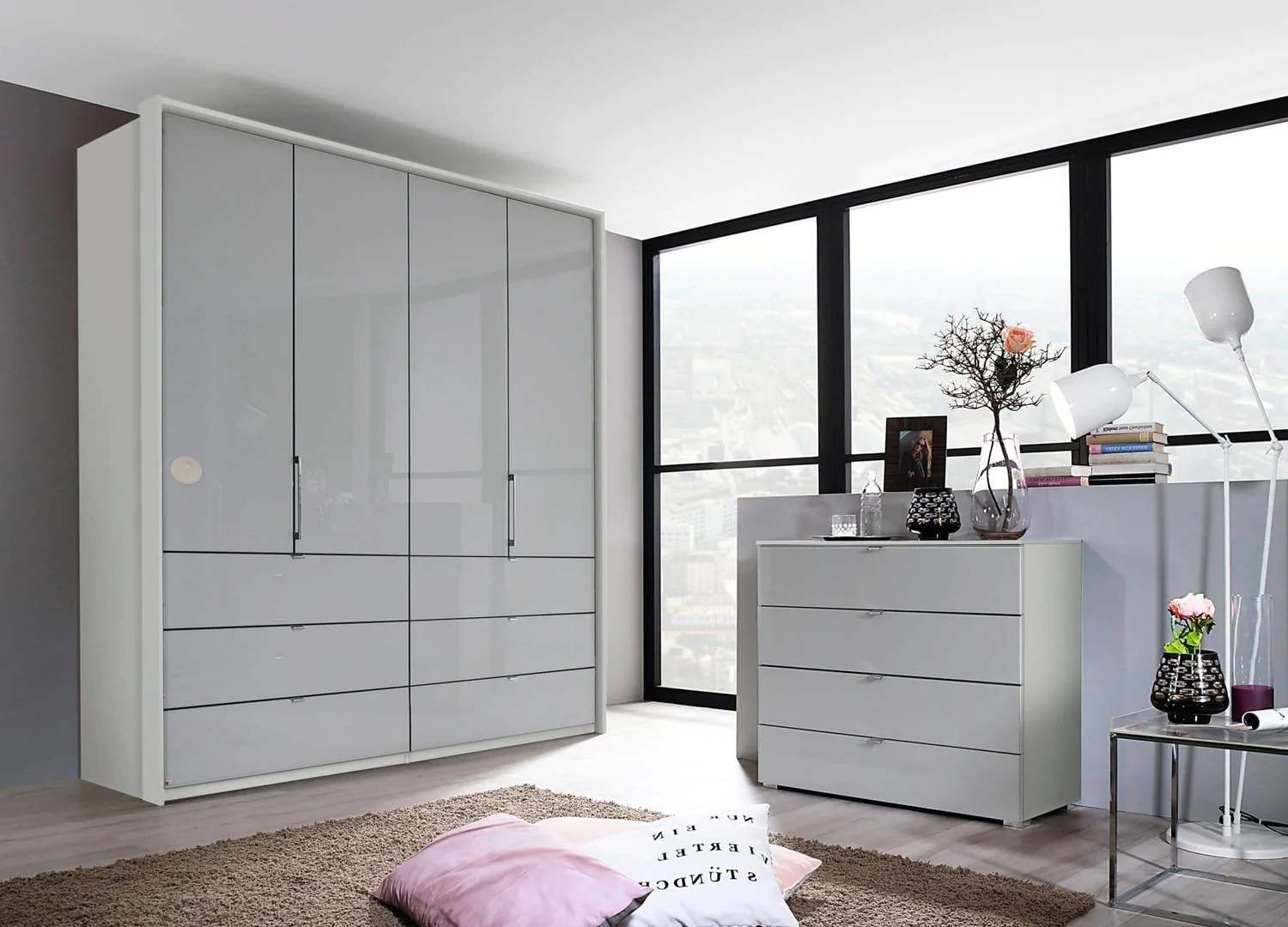Oakwood Rauch Erimo Style3 Silk Grey Glass Bi-folding doors Combi Wardrobe 204CM Tall