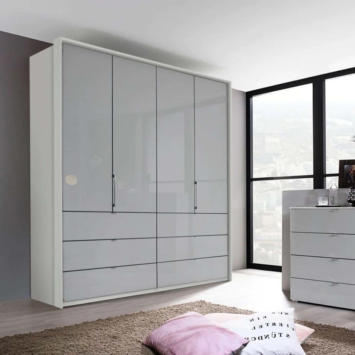 Oakwood Rauch Erimo Style3 Silk Grey Glass Bi-folding doors Combi Wardrobe 204CM Tall