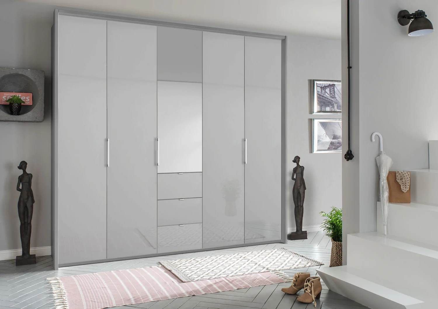 Oakwood Rauch Erimo Style1 Silk Grey Glass Bi-folding 5 doors Combi Wardrobe W254CM