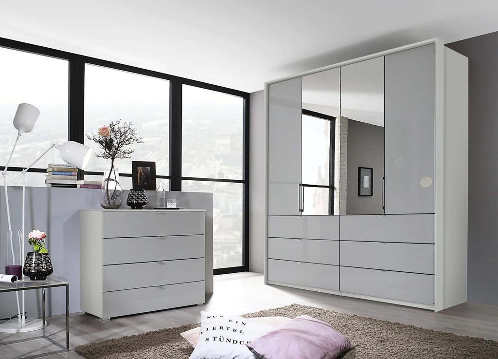 Oakwood Rauch Erimo Style3 Silk Grey Glass Bi-folding doors Combi Wardrobe 204CM Tall