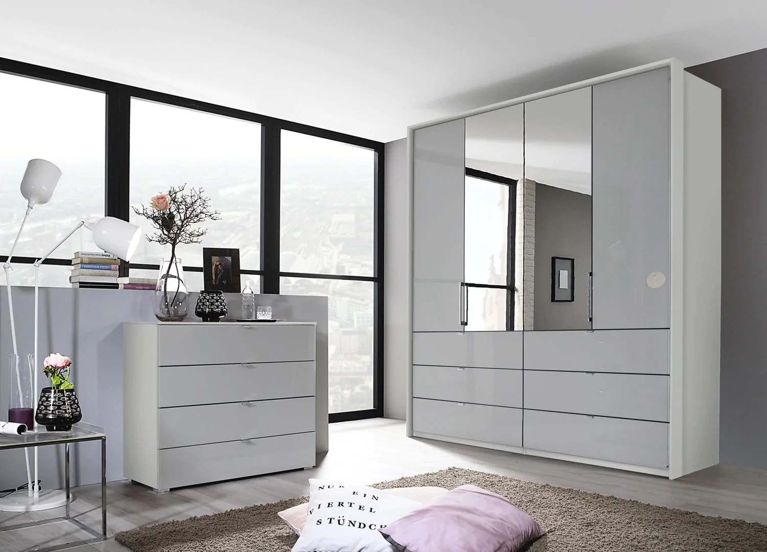 Oakwood Rauch Erimo Style3 Silk Grey Glass Bi-folding doors Combi Wardrobe 204CM Tall