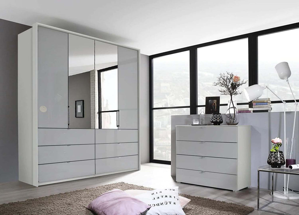 Oakwood Rauch Erimo Style3 Silk Grey Glass Bi-folding doors Combi Wardrobe 204CM Tall