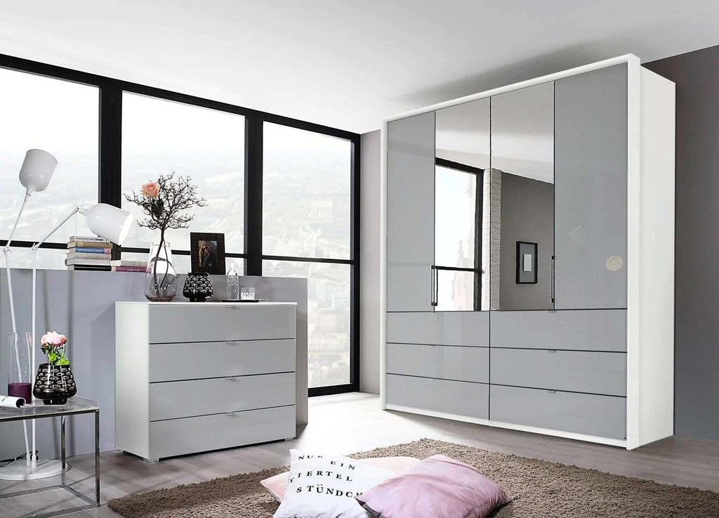 Oakwood Rauch Erimo Style3 Silk Grey Glass Bi-folding doors Combi Wardrobe 204CM Tall