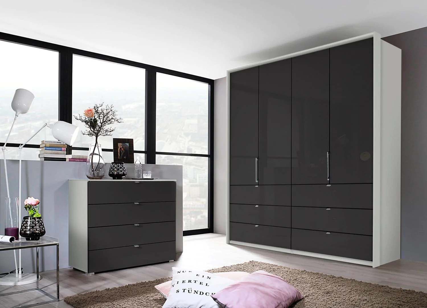 Oakwood Rauch Erimo Style3 Basalt Glass Bi-folding doors Combi Wardrobe 204CM Tall