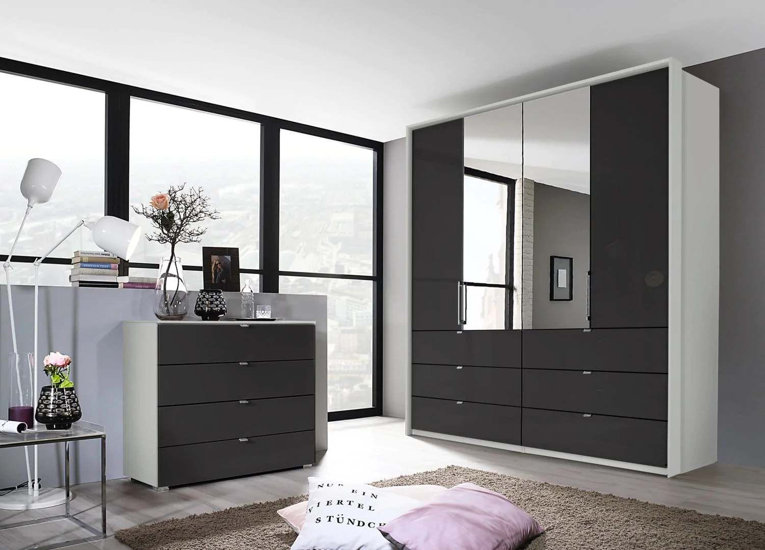 Oakwood Rauch Erimo Style3 Basalt Glass Bi-folding doors Combi Wardrobe 204CM Tall