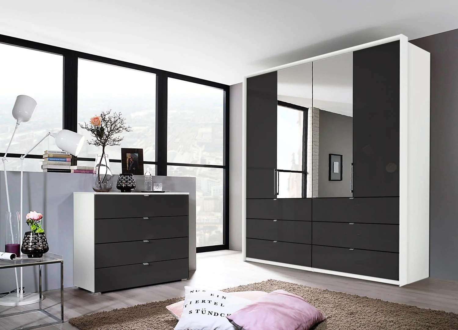 Oakwood Rauch Erimo Style3 Basalt Glass Bi-folding doors Combi Wardrobe 204CM Tall