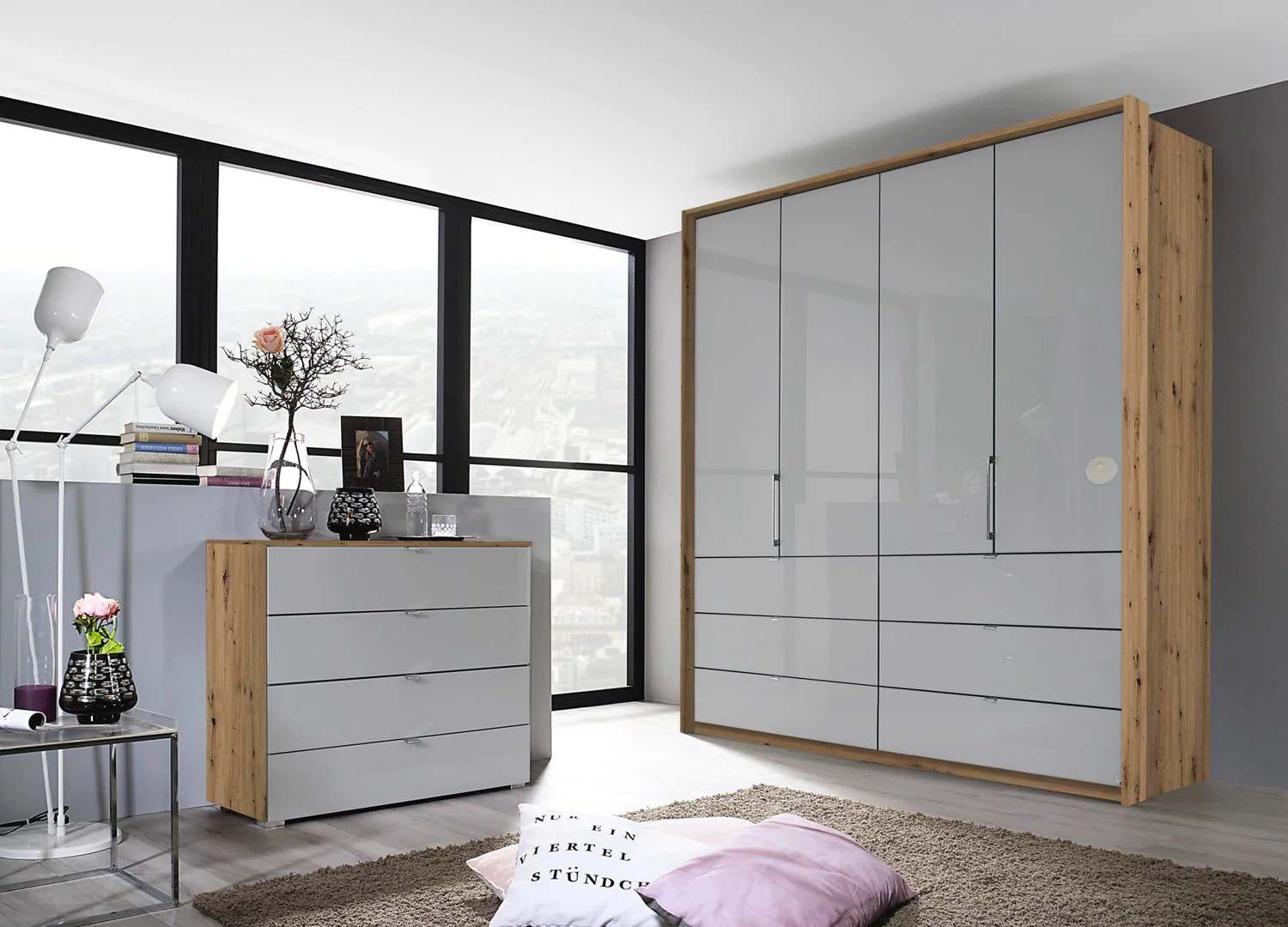 Oakwood Rauch Erimo Style3 Artisan Oak & Silk Grey Glass Bi-folding doors Combi Wardrobe