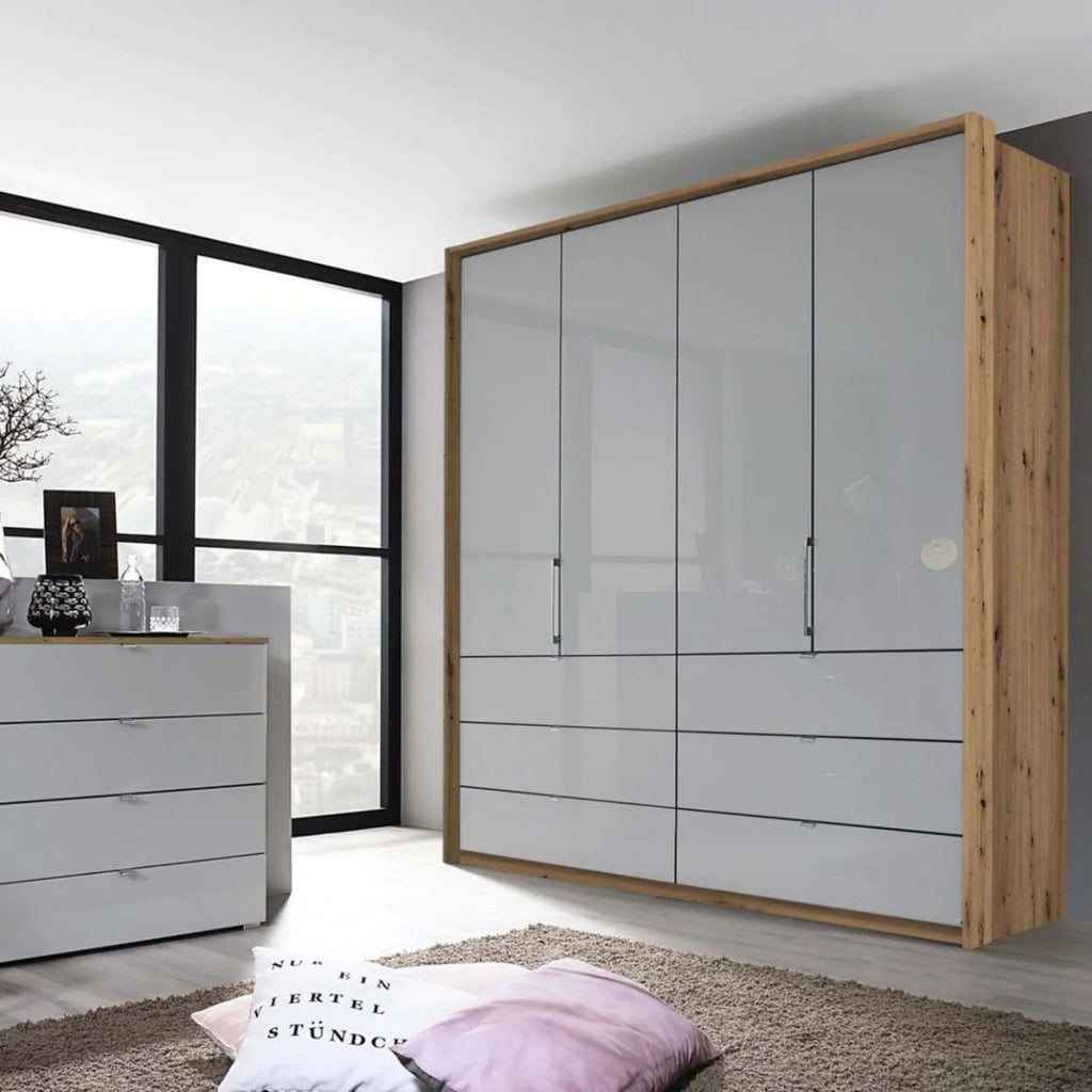 Oakwood Rauch Erimo Style3 Artisan Oak & Silk Grey Glass Bi-folding doors Combi Wardrobe