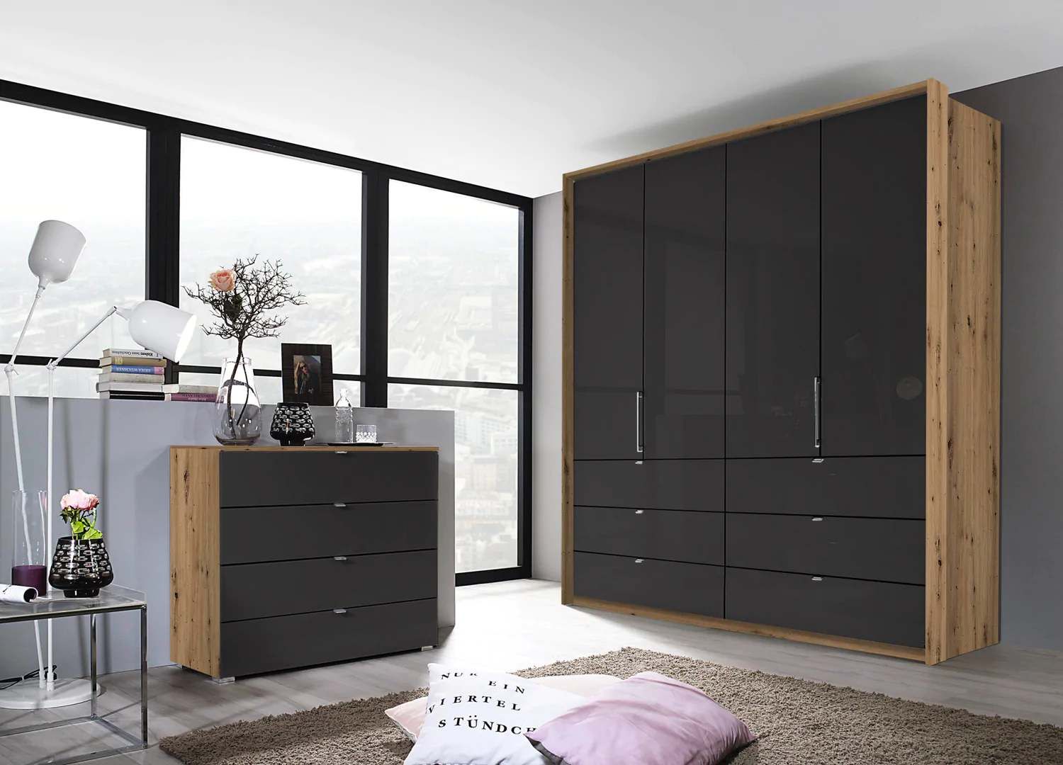 Oakwood Rauch Erimo Style3 Basalt Glass Bi-folding doors Combi Wardrobe 204CM Tall